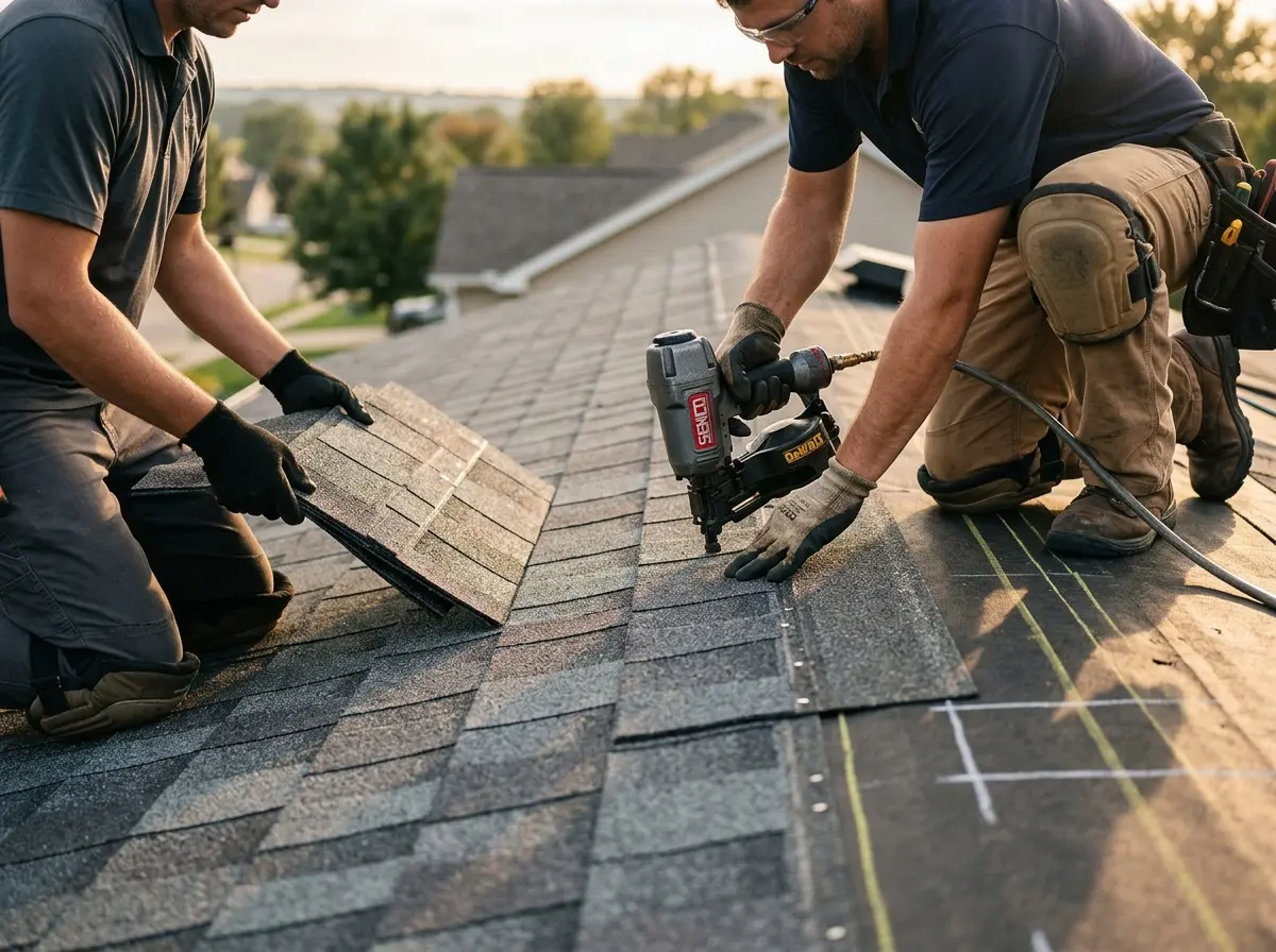 Professional roofer working on a residential roof in Bellwood